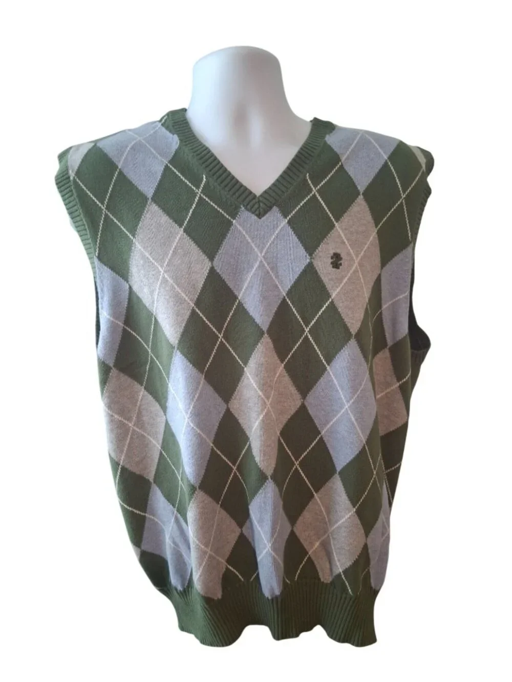 IZOD Argyle Sweater Vest XL Green Gray 100% Cotton Preppy Golf Grandpa Core
